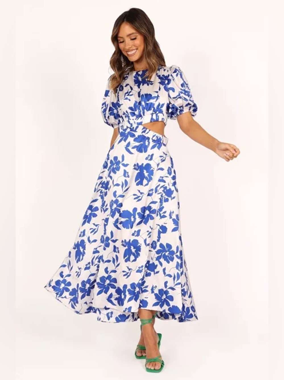 Petal & Pup Blue/White Floral Aminah Puff Sleeve Cutout Maxi Dress SzL Retal $89